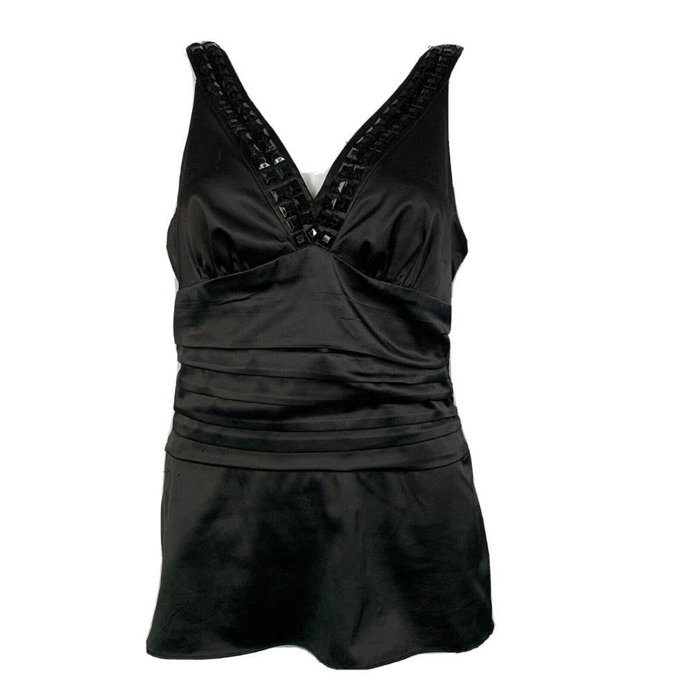 The Limited Top Womens Sz‎ M Black Satin Tank Stretch Pleated V Neck Beaded